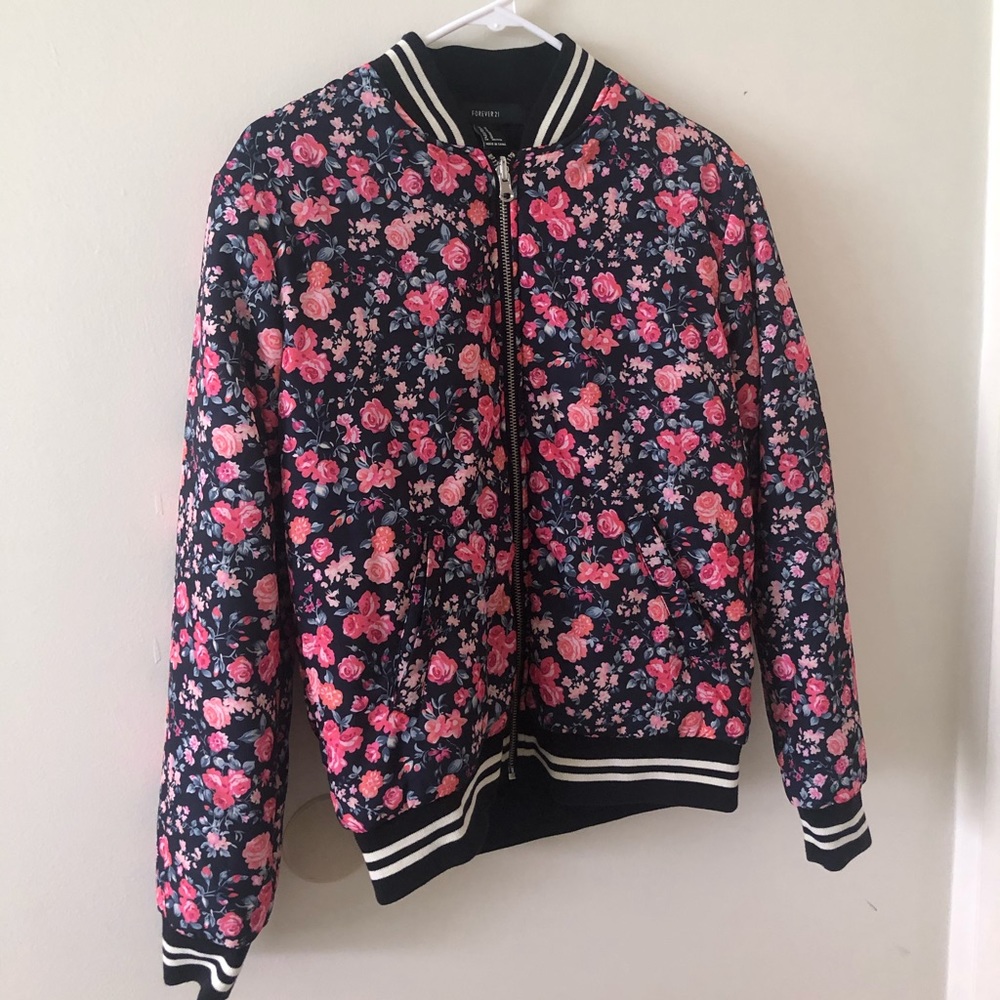 Forever21 Black Floral Bomber Jacket